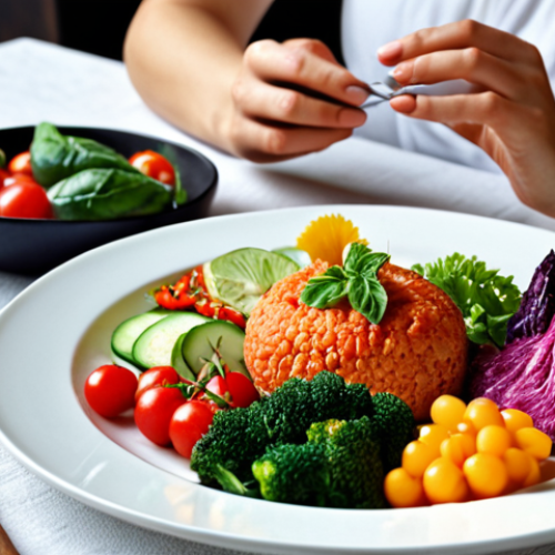 Home 19 **A person mindfully eating a colourful and healthy meal, focusing on the textures and aromas, with a calm and peaceful atmosphere. Table setting with fresh produce.**