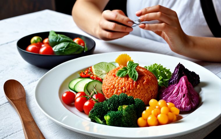 **A person mindfully eating a colourful and healthy meal, focusing on the textures and aromas, with a calm and peaceful atmosphere. Table setting with fresh produce.**