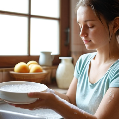 Home 18 **Prompt:** A serene Polish woman practicing mindful dishwashing in a cozy kitchen filled with warm, natural light. Focus on the details: the soapy water, the ceramic plates, the steam rising, and the woman's calm expression. Soft, pastel colors, slight bokeh effect.