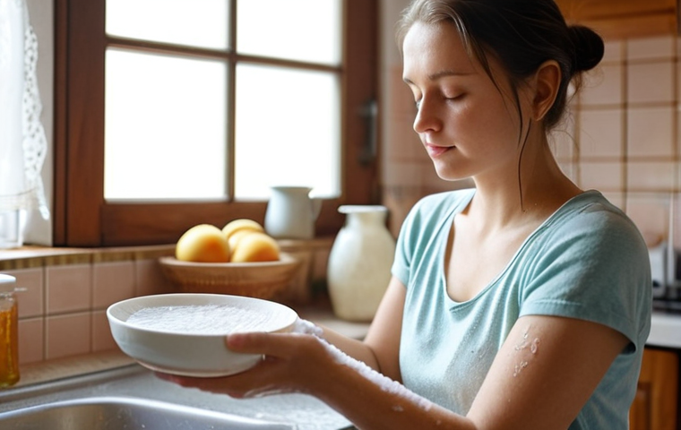**Prompt:** A serene Polish woman practicing mindful dishwashing in a cozy kitchen filled with warm, natural light. Focus on the details: the soapy water, the ceramic plates, the steam rising, and the woman's calm expression. Soft, pastel colors, slight bokeh effect.