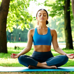 **

A woman fully clothed in comfortable yoga attire, meditating outdoors in a peaceful park setting, surrounded by green trees and soft sunlight. She is sitting in a lotus position with her eyes closed, focused on her breath. Perfect anatomy, correct proportions, natural pose, well-formed hands, proper finger count. Safe for work, appropriate content, professional, modest, family-friendly.

**