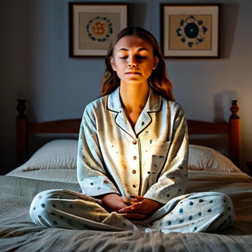 Home 8 **
A woman in comfortable pajamas, fully clothed, practicing mindful breathing in a dimly lit bedroom. Soft candlelight illuminates her face. The room is decorated in calming, neutral tones with Polish folk art accents. "Safe for work," "appropriate content," "modest," "family-friendly," "perfect anatomy," "natural proportions," "professional," "well-formed hands," "proper finger count," relaxing atmosphere, promoting wellbeing.
**