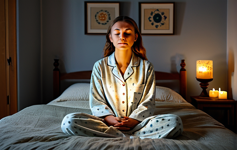 **
A woman in comfortable pajamas, fully clothed, practicing mindful breathing in a dimly lit bedroom. Soft candlelight illuminates her face. The room is decorated in calming, neutral tones with Polish folk art accents. "Safe for work," "appropriate content," "modest," "family-friendly," "perfect anatomy," "natural proportions," "professional," "well-formed hands," "proper finger count," relaxing atmosphere, promoting wellbeing.
**